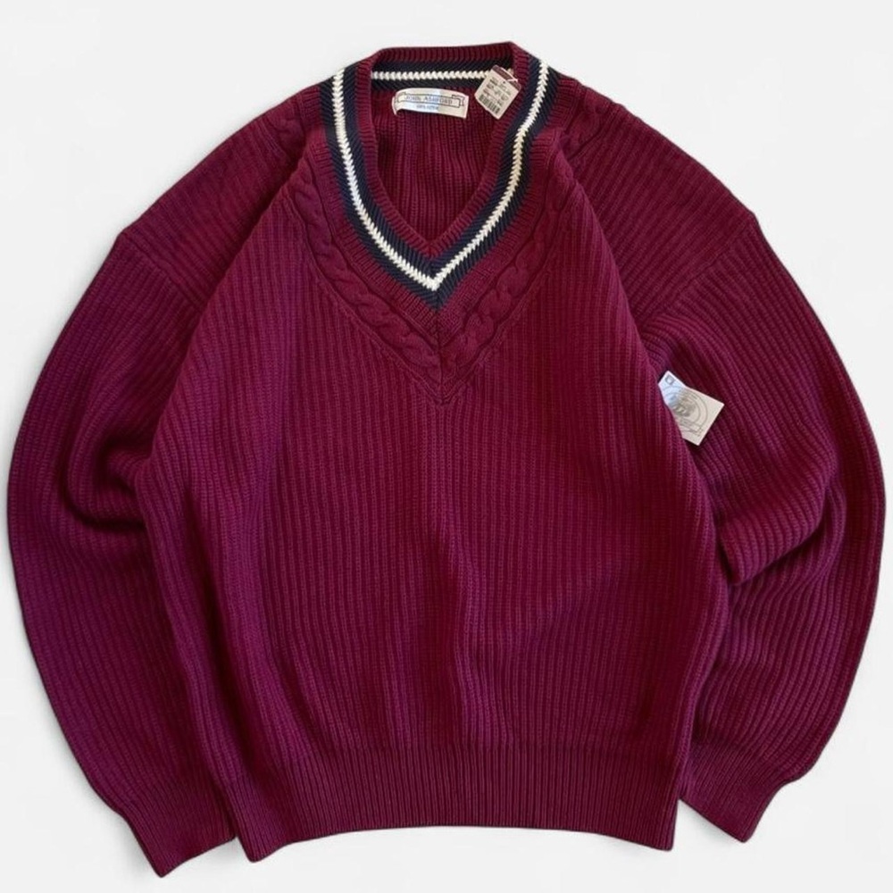 Vintage NWT John Ashford Burgundy Cotton Knit V-Neck Cricket Sweater XXL